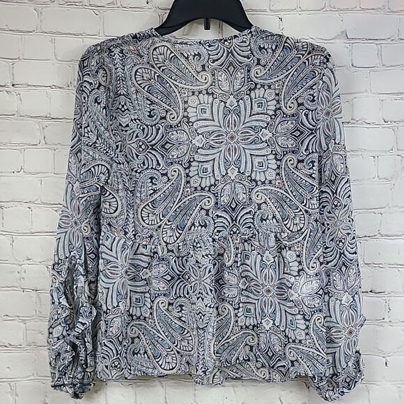 BCBGeneration Women's Sheer Blue Paisley Babydoll Top Long Ruffle Sleeve Blouse - Picture 5 of 13